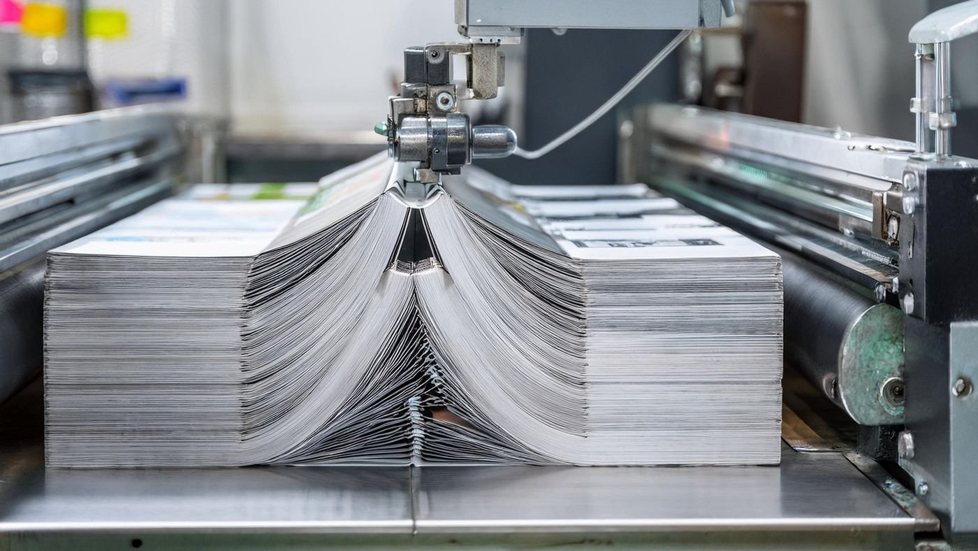 Feuilles imprimées transformées en cahiers pliés à la sortie de la machine