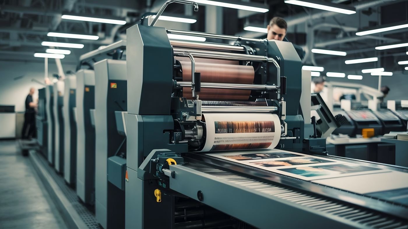 Presse offset moderne en fonctionnement dans un atelier d'impression