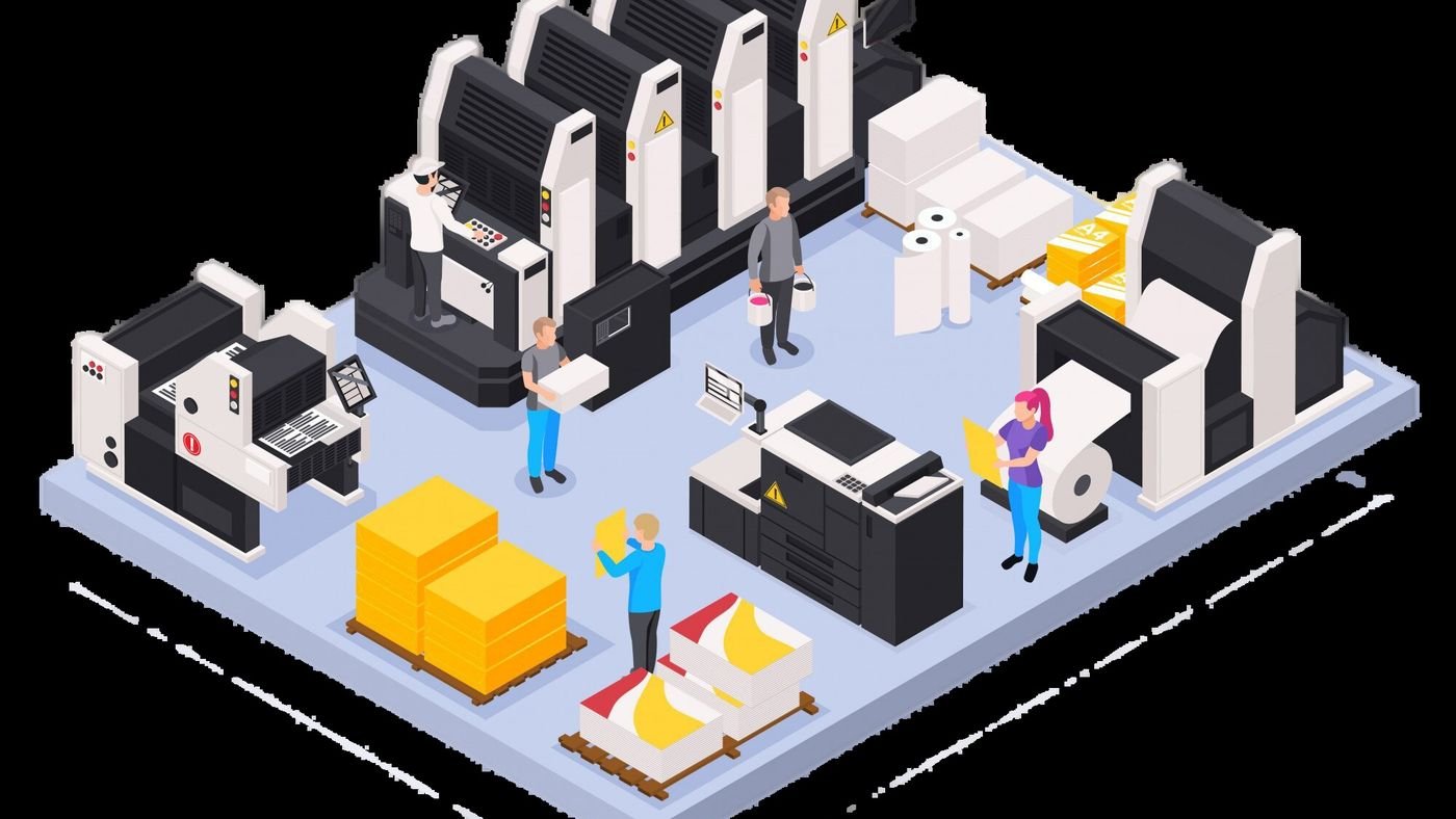 Illustration isométrique d'une chaîne de production en imprimerie