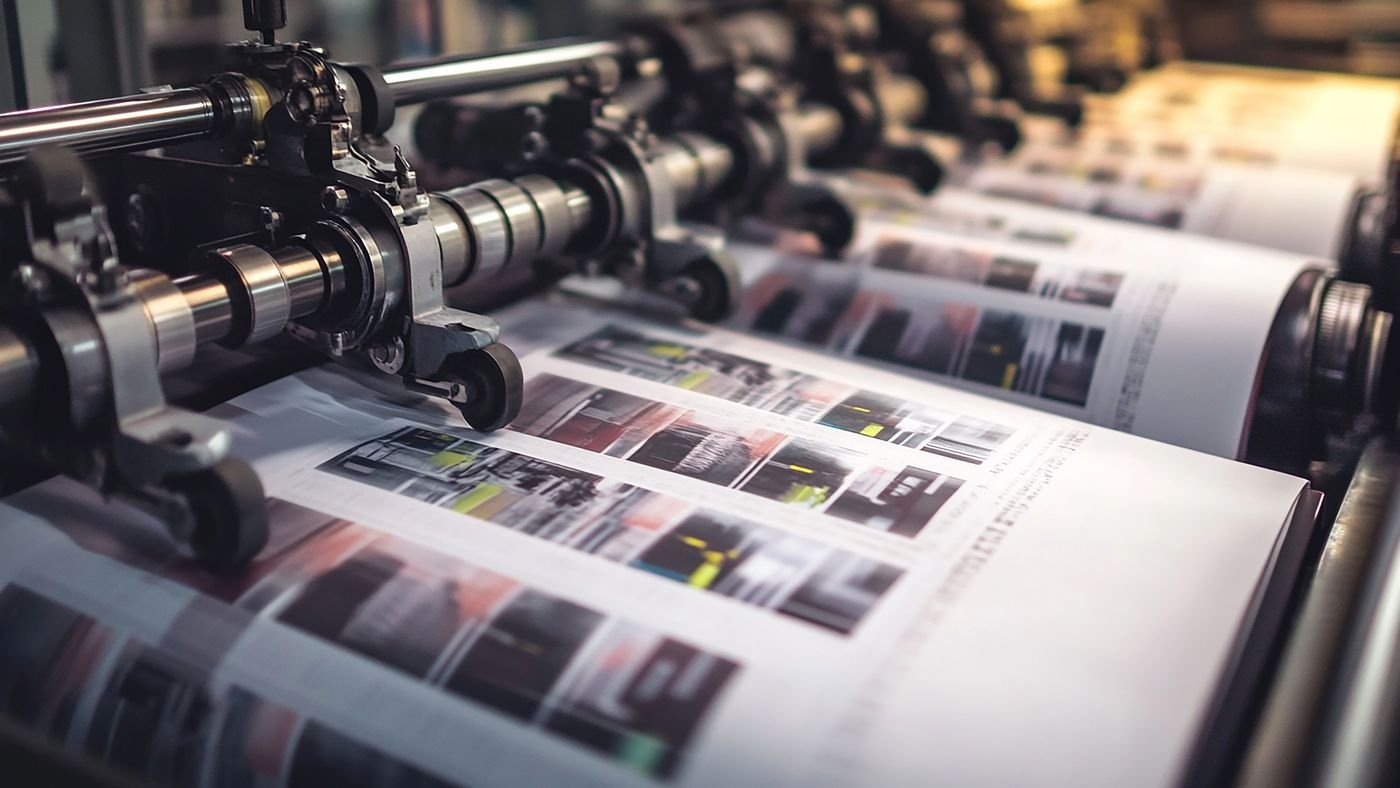 Feuilles imprimées en couleur défilant en sortie de presse offset
